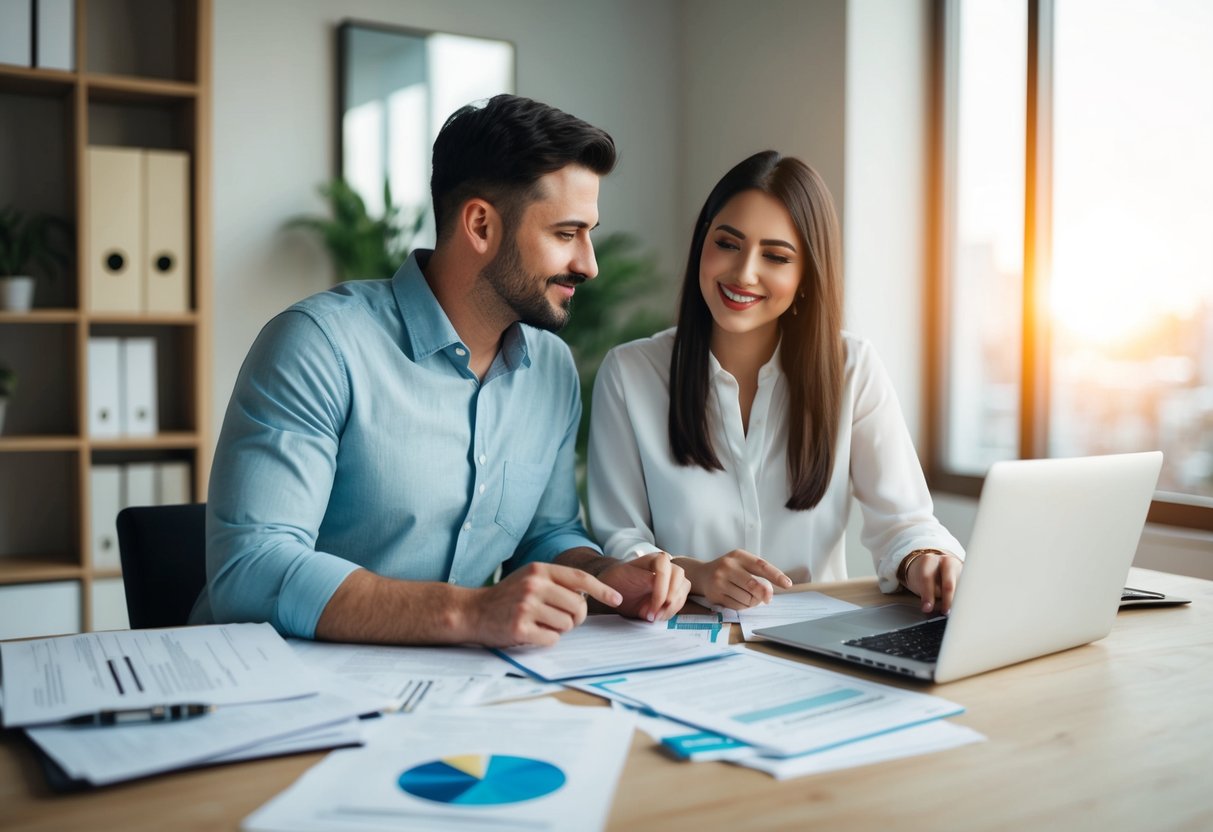 A couple sits at a table surrounded by paperwork and a laptop, discussing taxes