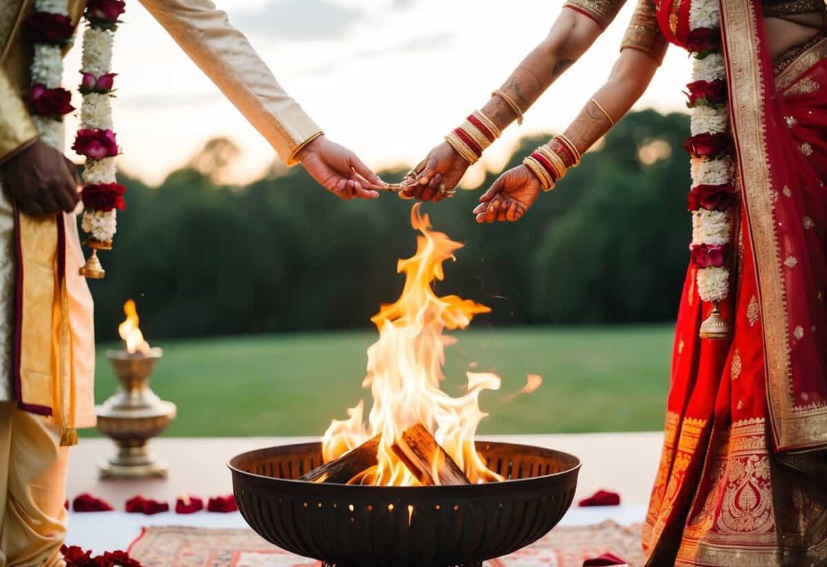 A bride and groom standing before a sacred fire, making seven symbolic promises to each other as part of a traditional Hindu wedding ceremony
