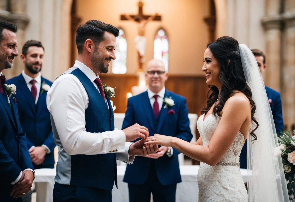 The best man presents the wedding rings to the couple at the altar