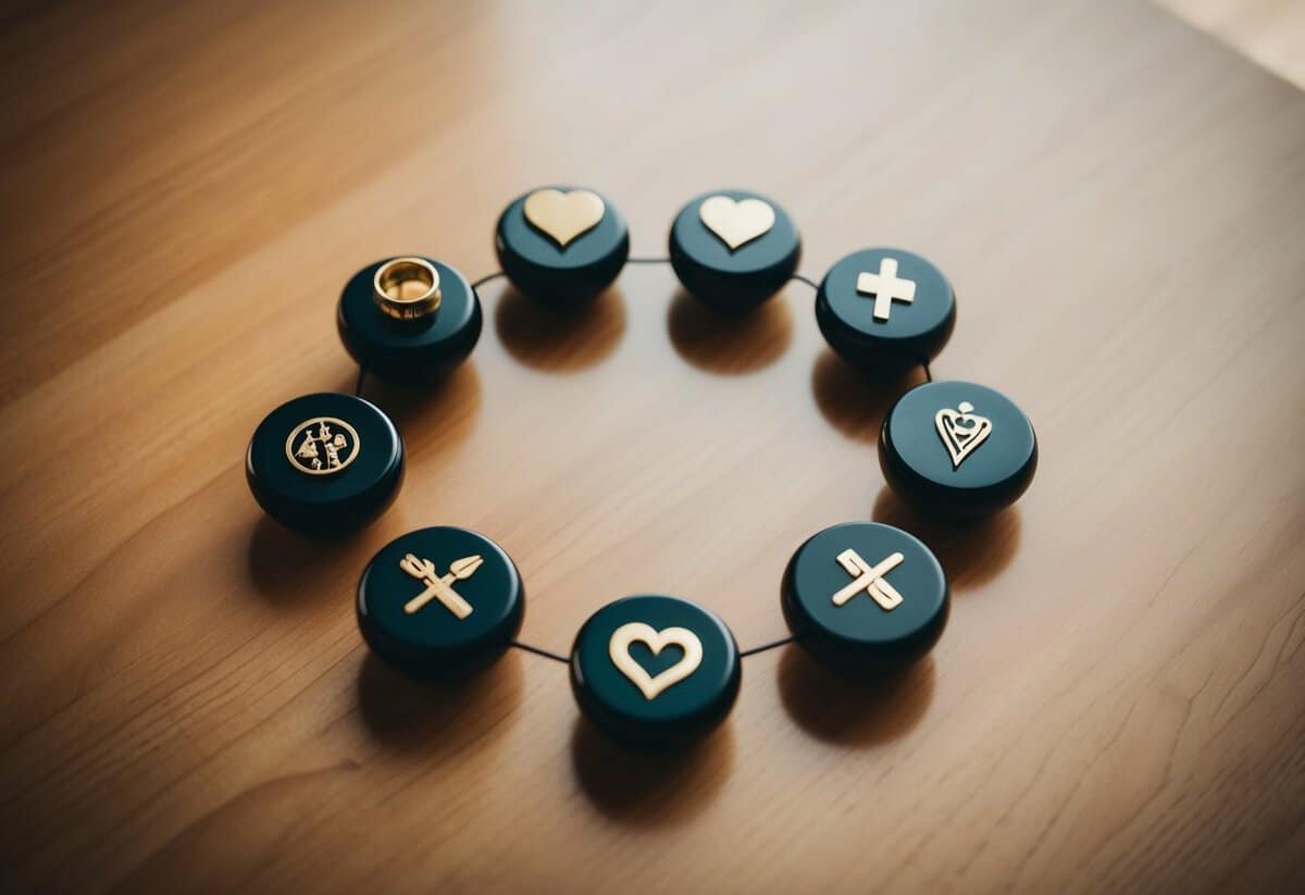 A circular arrangement of seven symbolic objects representing the vows of marriage, each with its own unique connotation