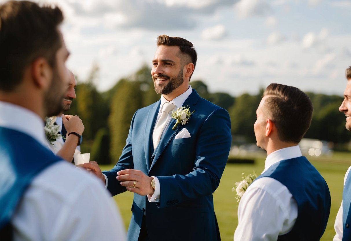 The best man stands beside the groom, offering support and assistance to the wedding party