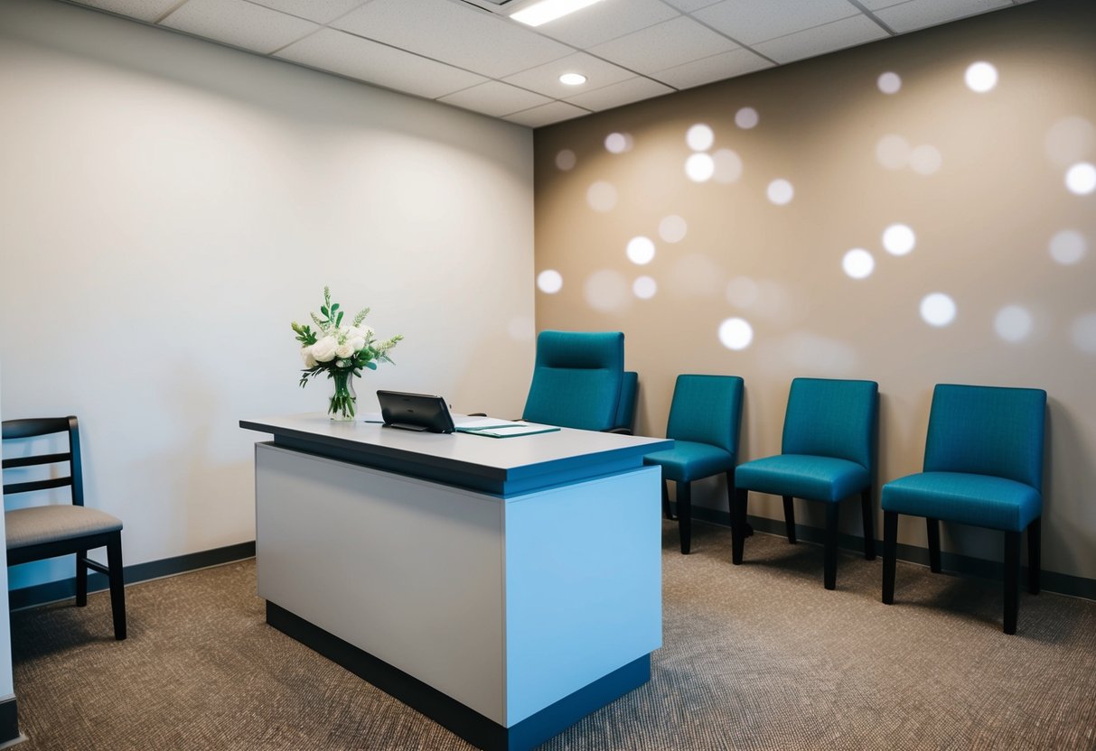 A small registry office with a simple interior, featuring a desk for the registrar, a few chairs for guests, and a backdrop of neutral walls and minimal decor