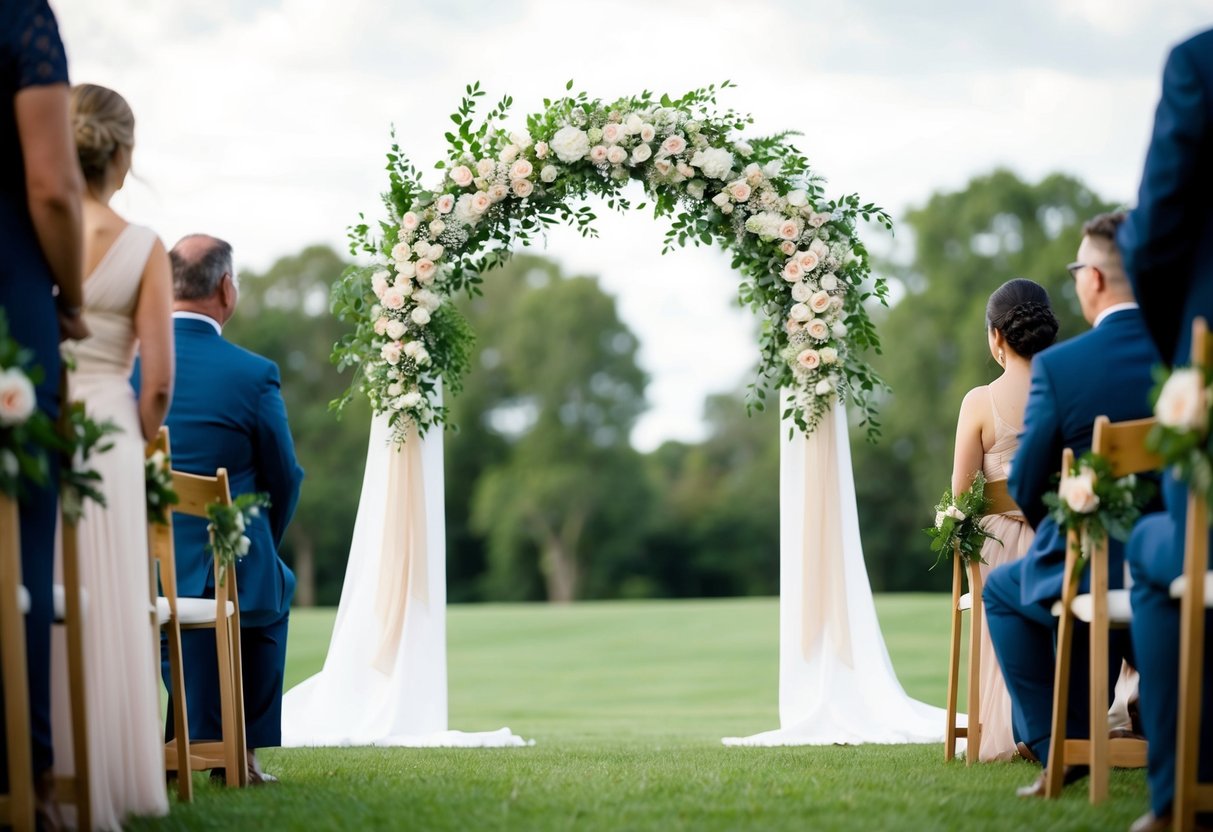 A wedding arch with flowers on either side, with space for a bride on the left or right