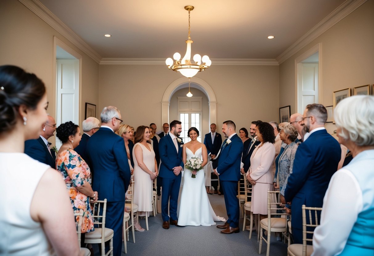 A small, intimate ceremony at a registry office with a limited number of guests gathered in a simple, elegant room