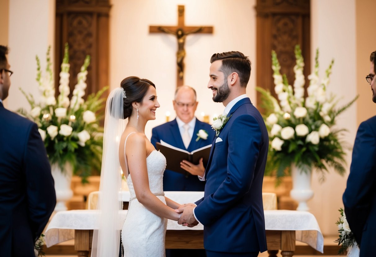 A bride and groom stand at the altar, surrounded by a traditional wedding ceremony setting. The bride is positioned on the left side of the groom
