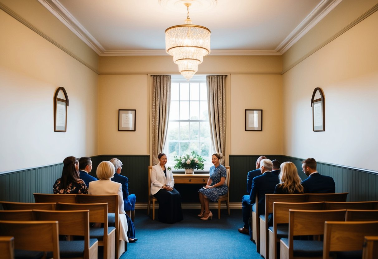 A cozy registry office with simple decor, seating for a small group, and a designated area for the ceremony