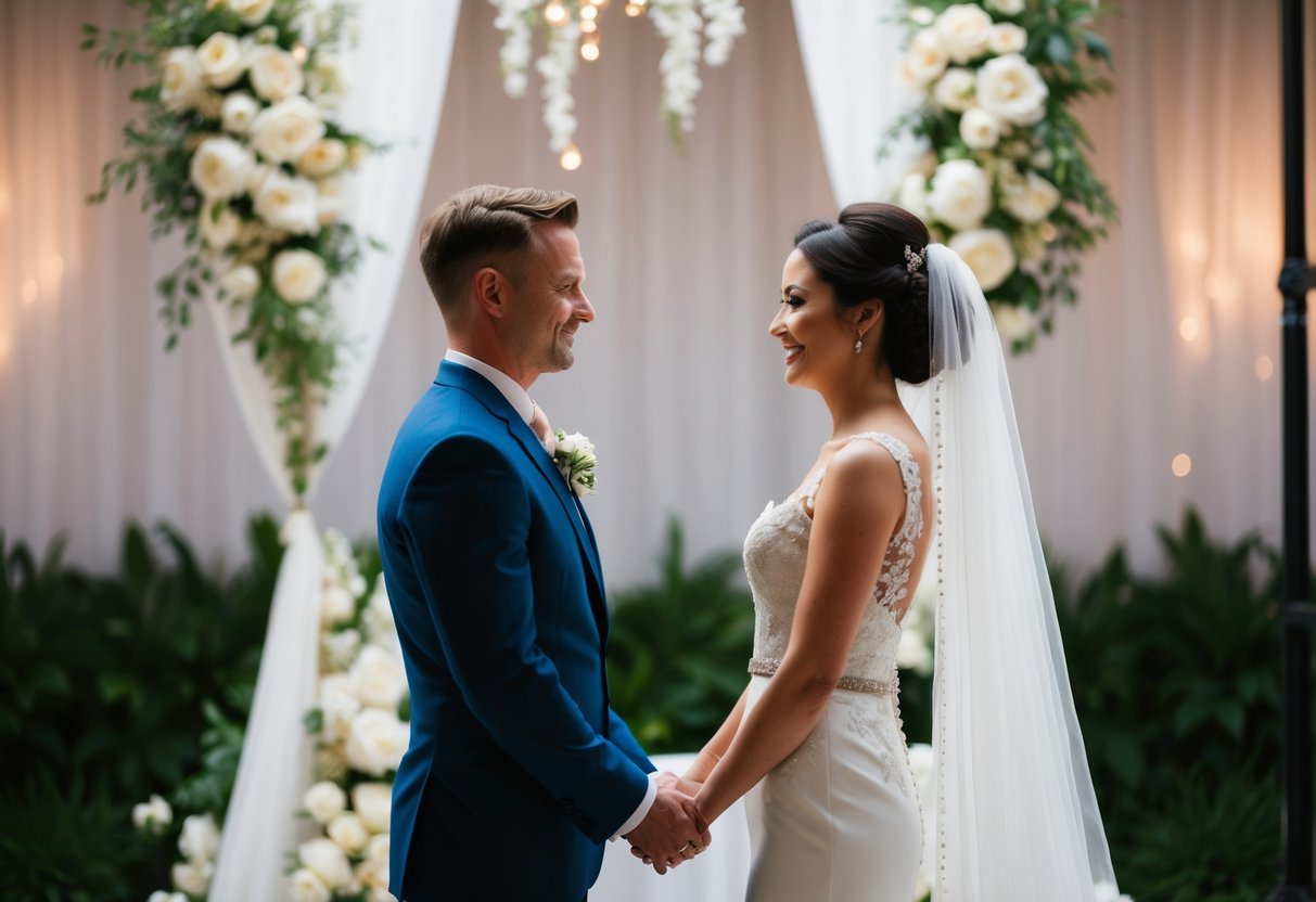A wedding scene with two figures standing facing each other, one slightly to the left and the other slightly to the right, with a decorative backdrop