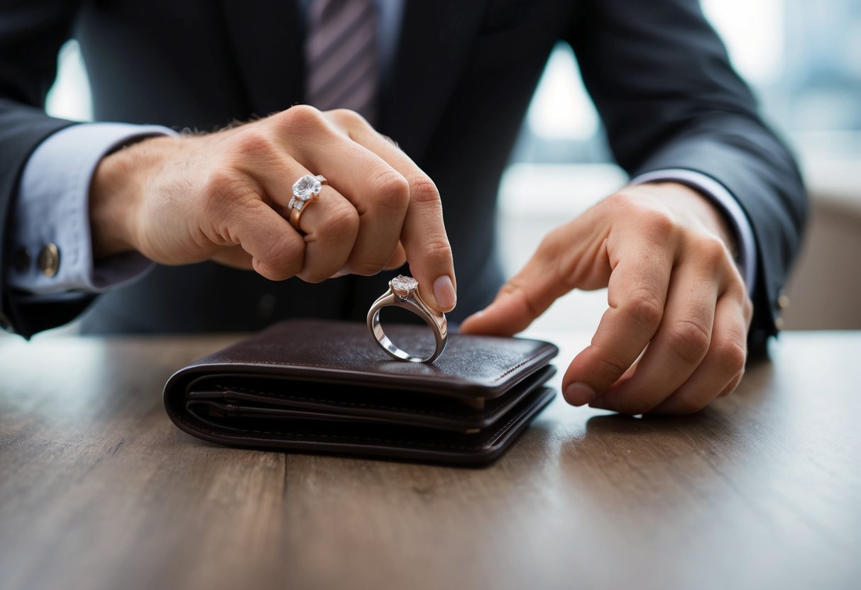 A man's hand holding a wedding ring while reaching for a wallet