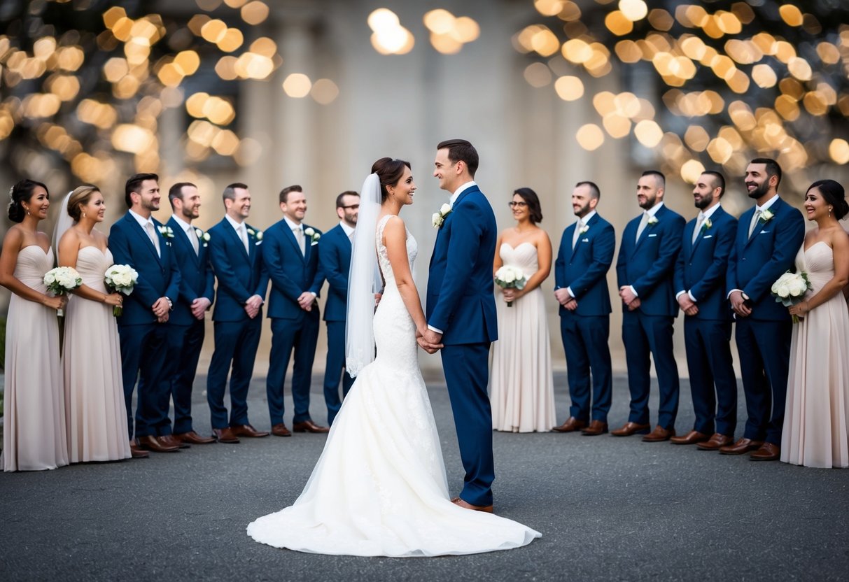 The bride and groom stand facing each other, with the wedding party arranged symmetrically around them. The bride is positioned on the left, and the groom on the right