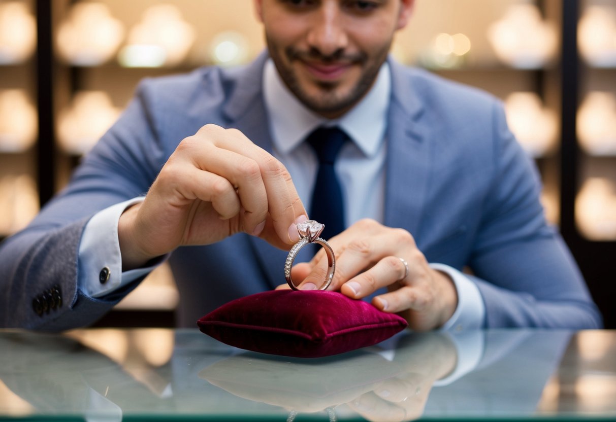 A man placing a wedding ring on a velvet cushion in a jewelry store