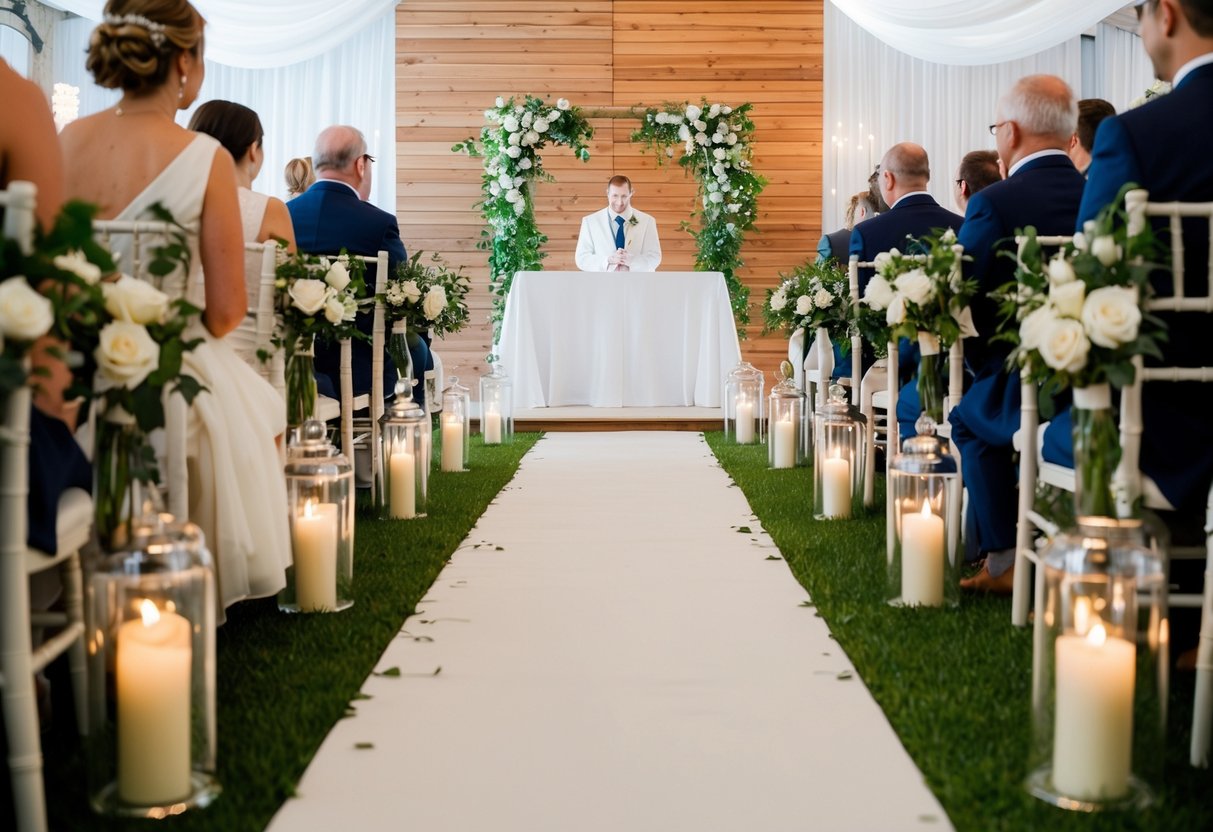 A wedding ceremony layout with an aisle, altar, and seating. The bride could be on the left or right side of the scene