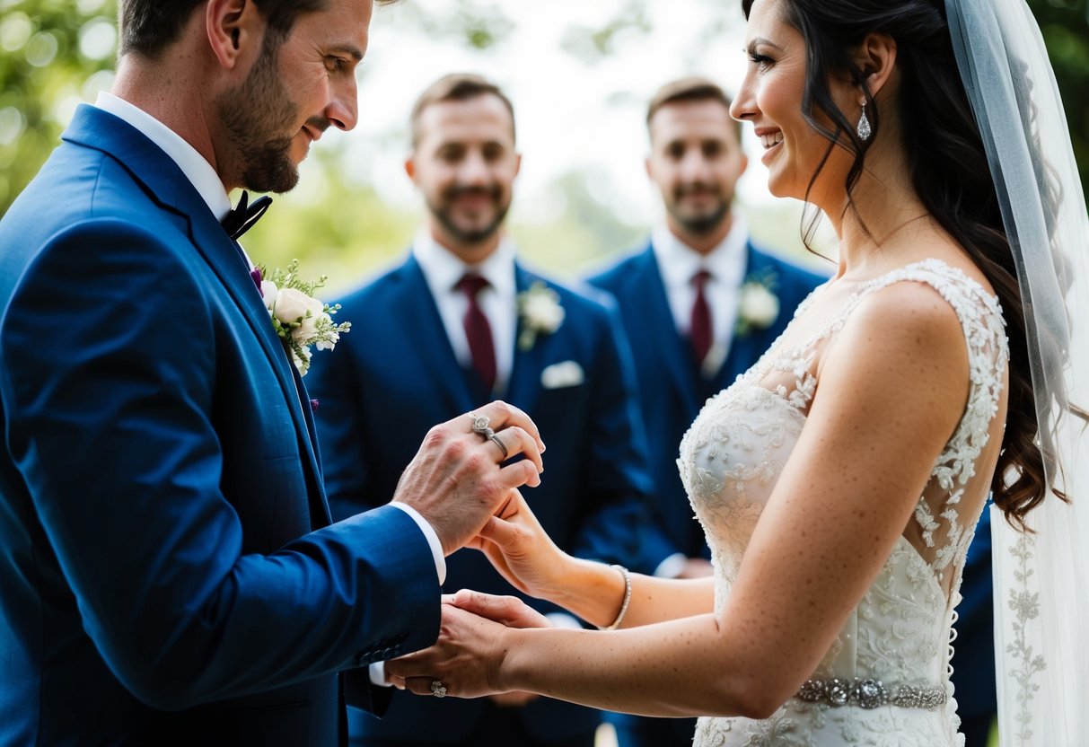 A groom presents a wedding ring to his bride during the ceremony