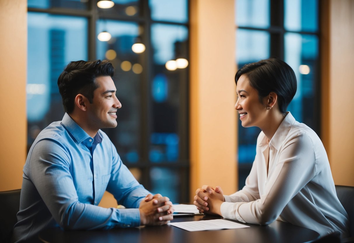 A couple sits across from an interviewer at a table, discussing their relationship and future plans