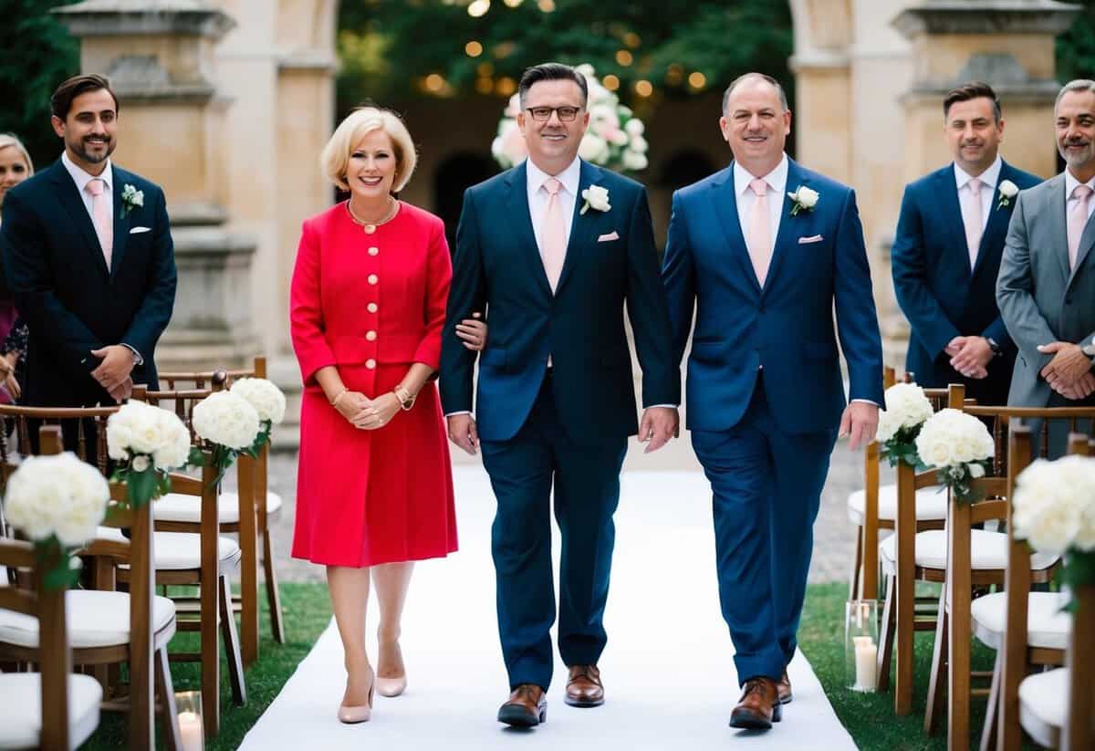 A group of four figures walk down the aisle, with two larger figures flanking two smaller ones