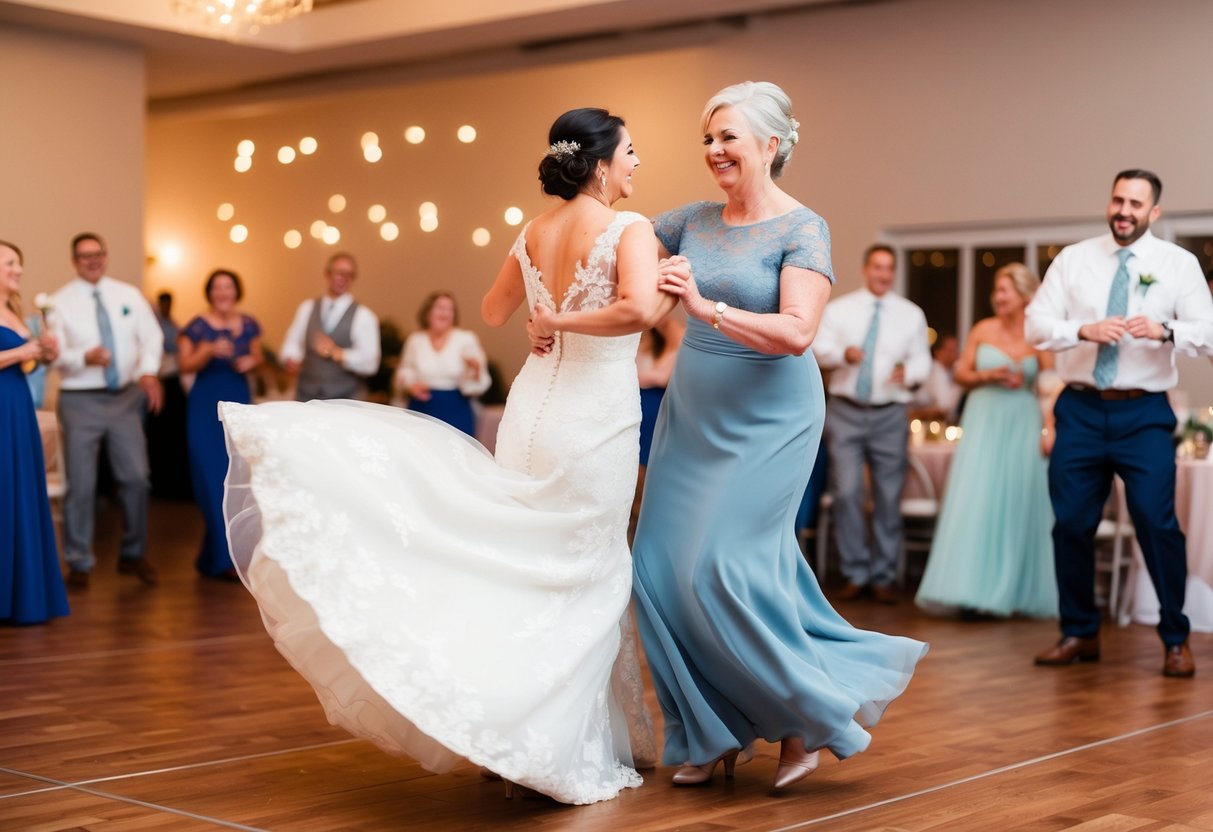 The bride and her mother twirl together on the dance floor, their joy evident in their graceful movements