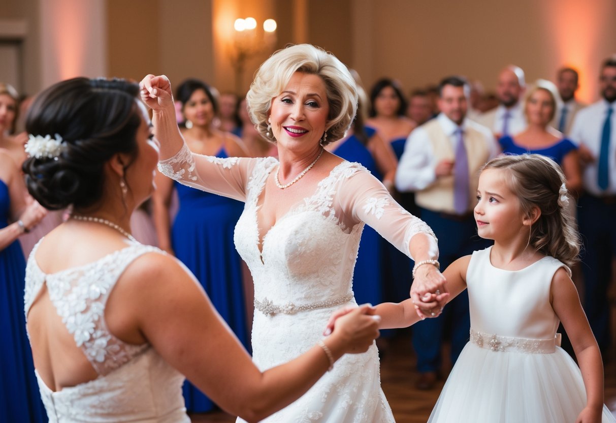 The mother of the bride gracefully leads the dance, symbolizing the passing of wisdom and love to her daughter