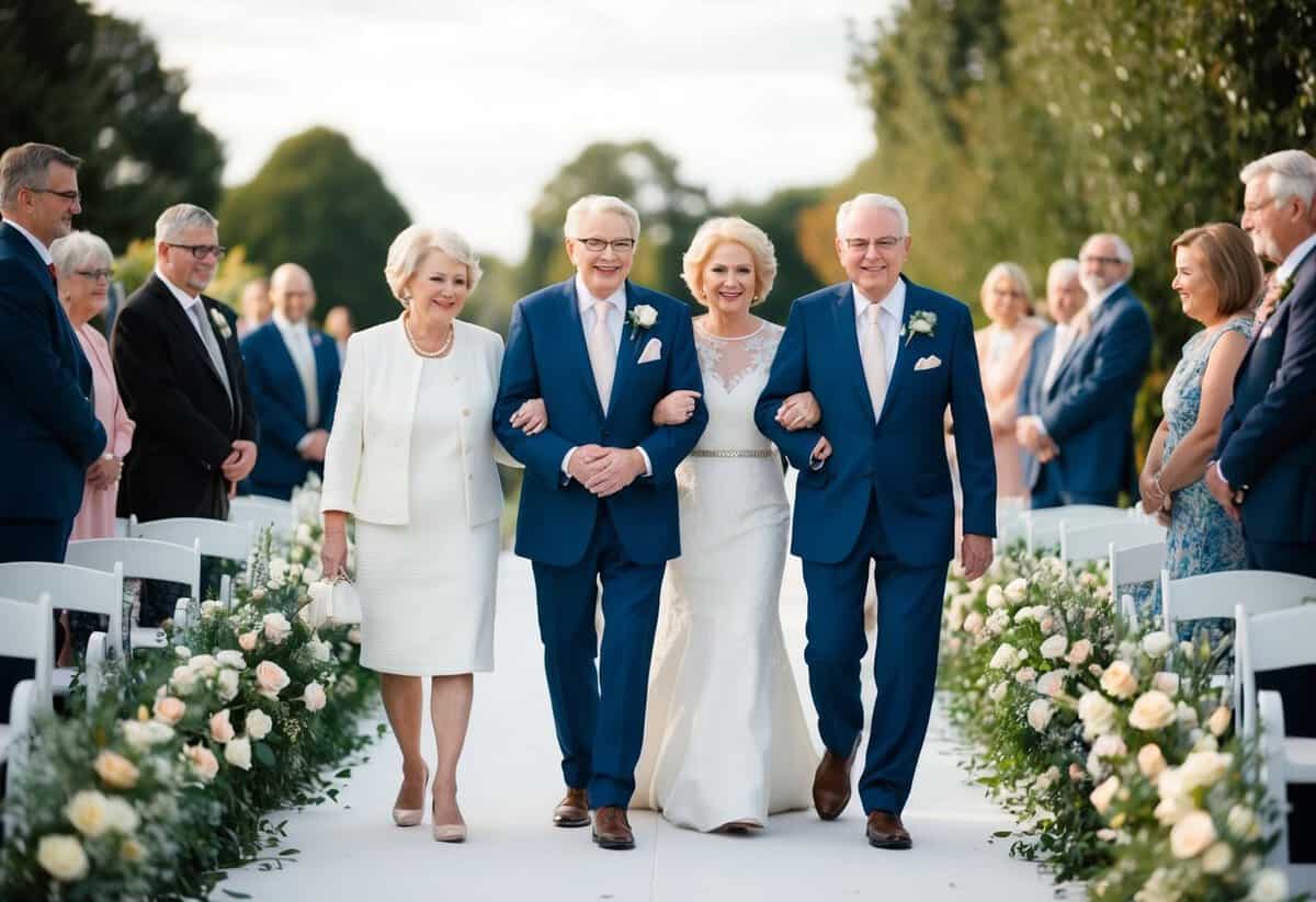 Three generations linked in a procession, moving down a flower-lined aisle