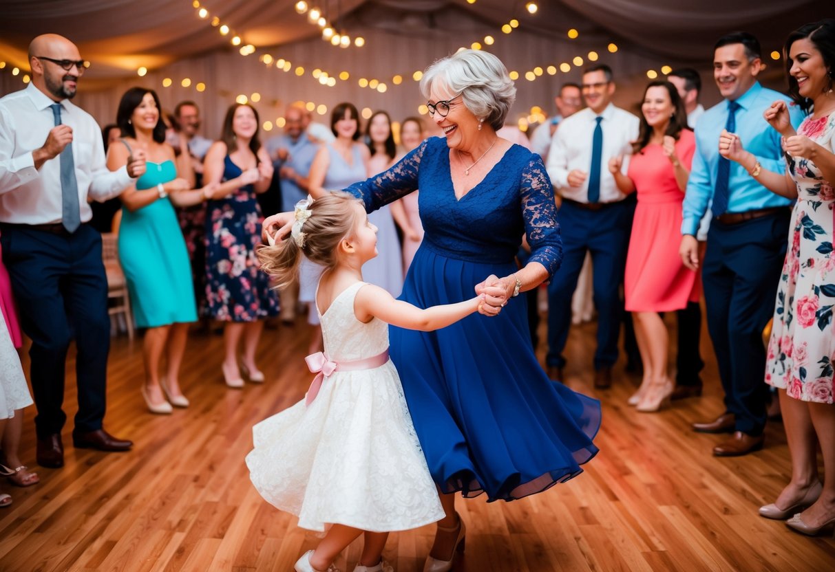 A joyful mother and daughter twirl together on the dance floor, surrounded by a circle of friends and family