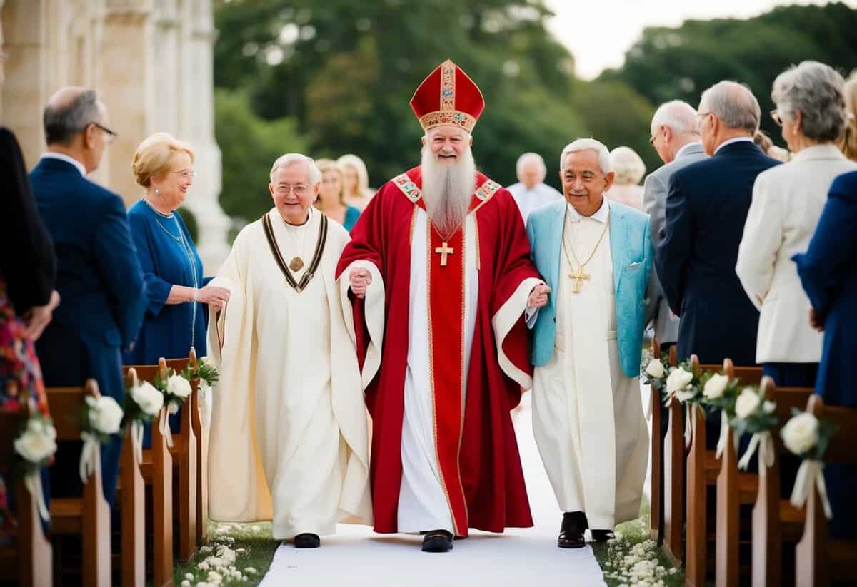 A figure representing cultural and religious traditions guiding older generations down the aisle