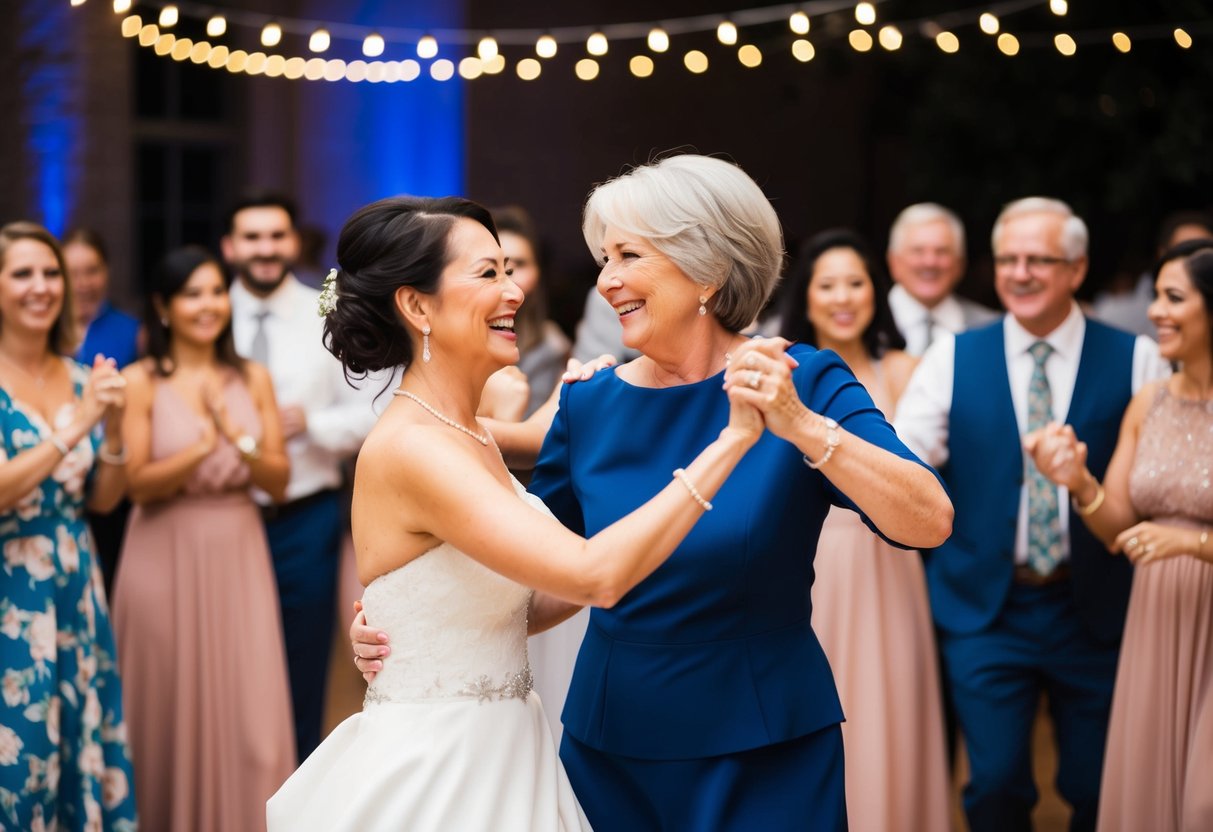 The mother of the bride twirls in a joyful dance with the bride, surrounded by smiling guests and twinkling lights