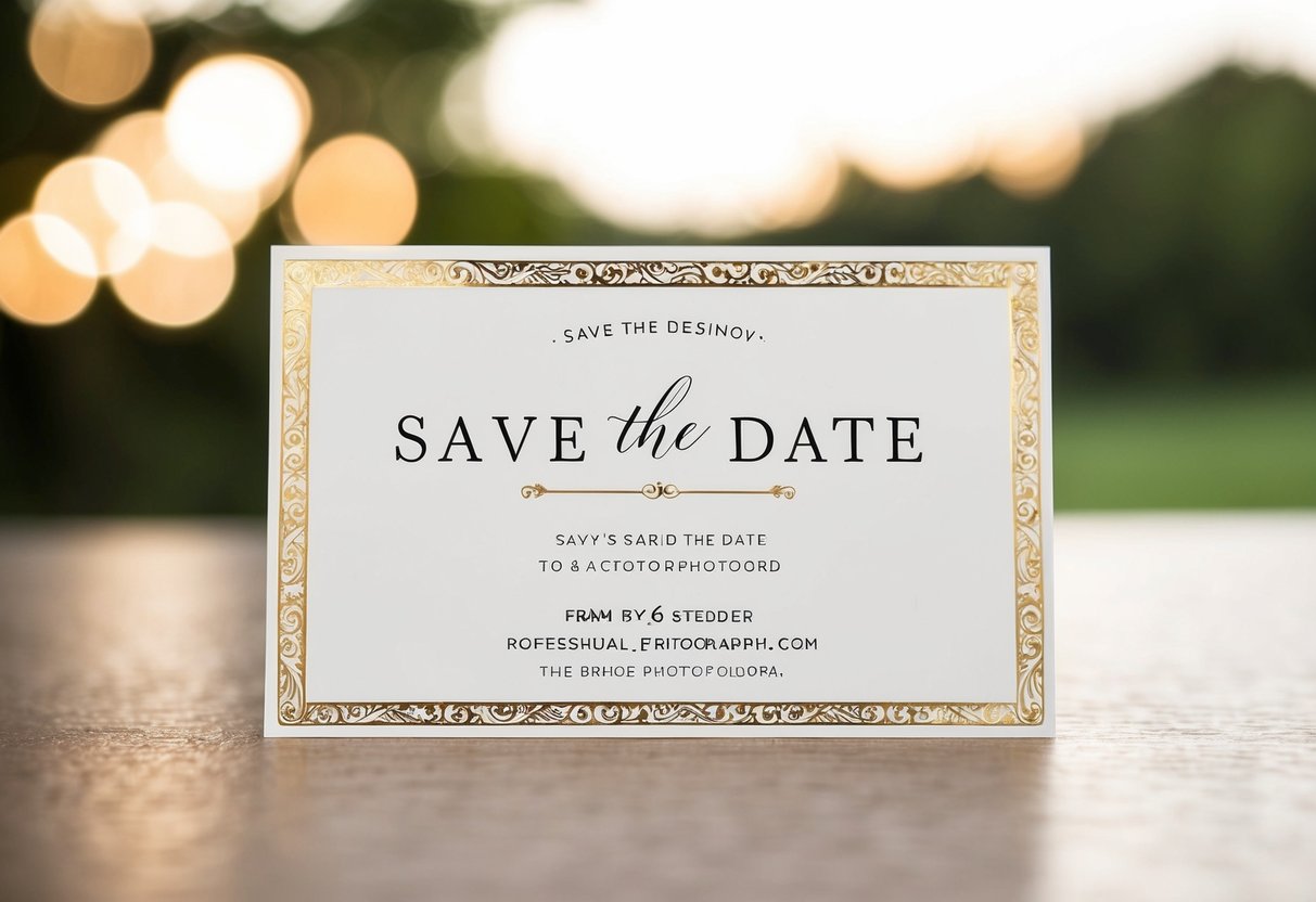 A beautifully designed save the date card with the bride's name displayed prominently at the top
