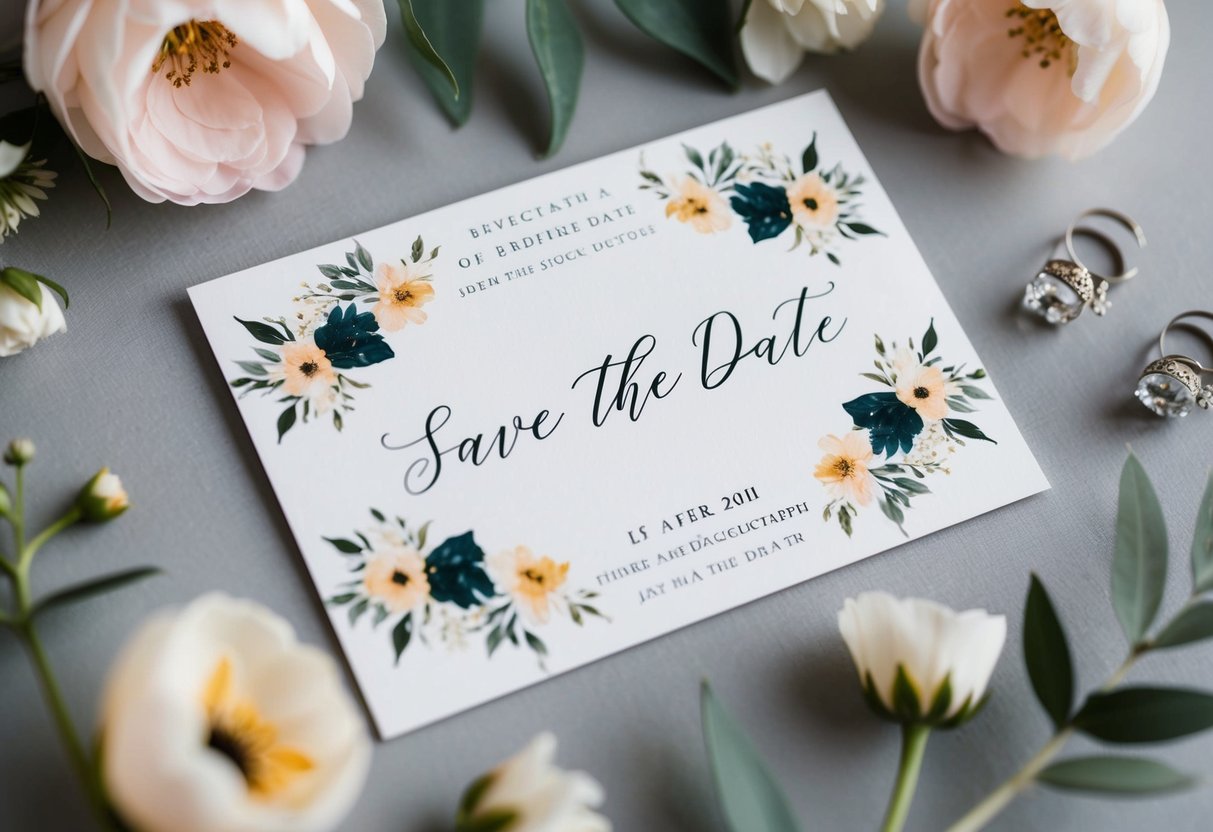A bride's name is written first on a save the date card, surrounded by elegant floral designs and delicate calligraphy