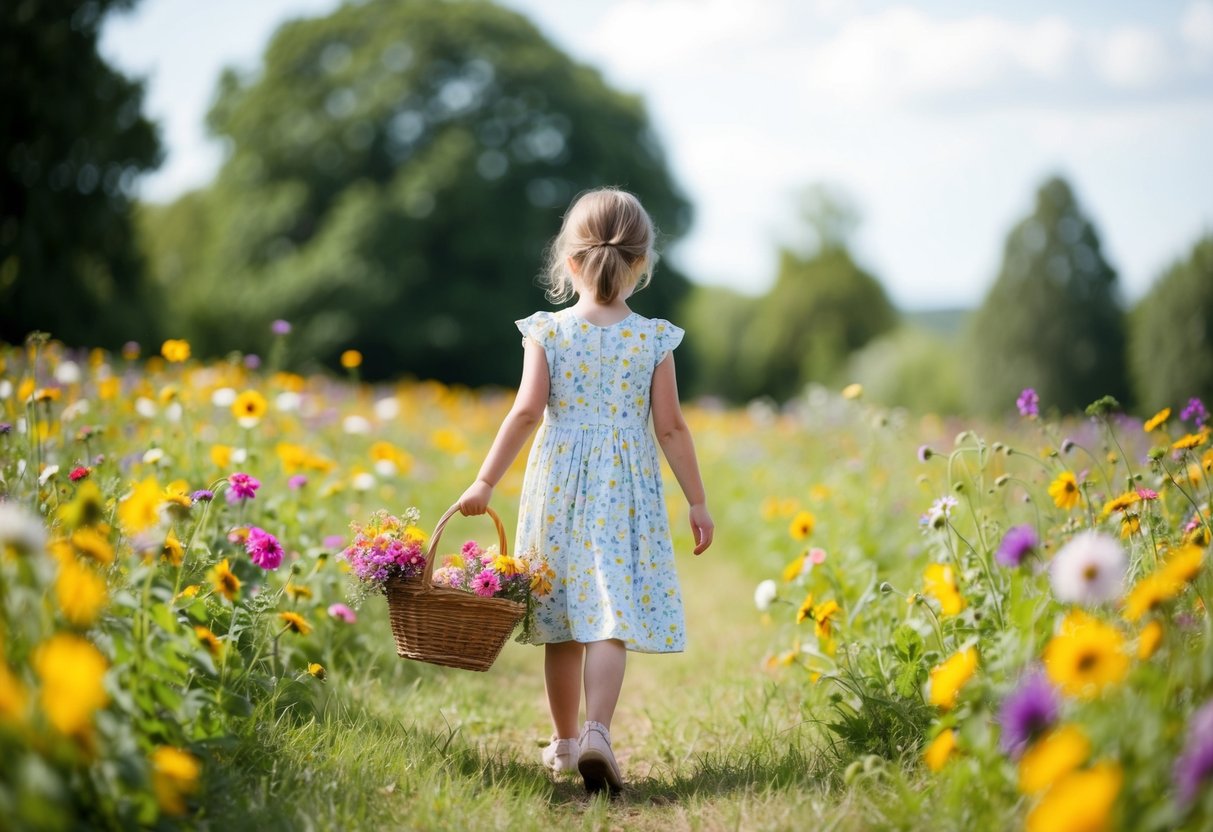 A young girl in a flowery dress leads the way, her basket filled with colorful blooms, as she walks through a field of wildflowers