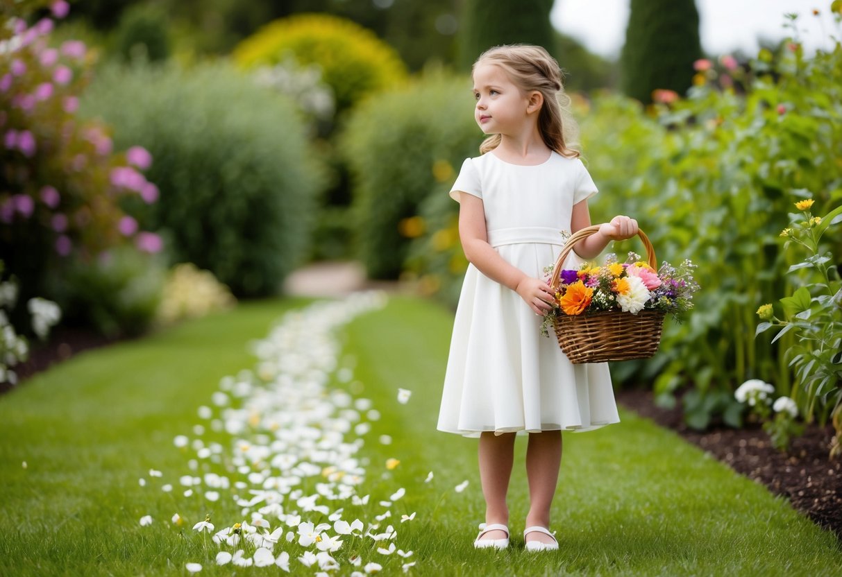 A flower girl stands in a garden, holding a basket of colorful flowers. She looks ahead, ready to scatter petals along the path