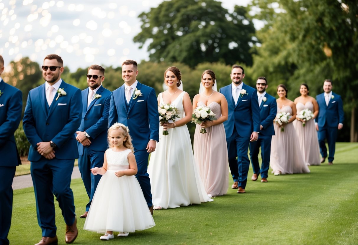A line of wedding procession: flower girl, ring bearer, bridesmaids, groomsmen, maid of honor, best man, bride, and groom