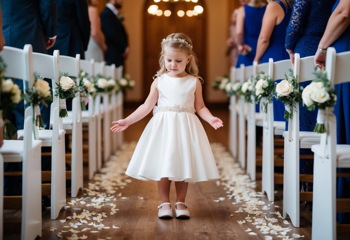 The flower girl stands at the front of the procession, scattering petals along the aisle