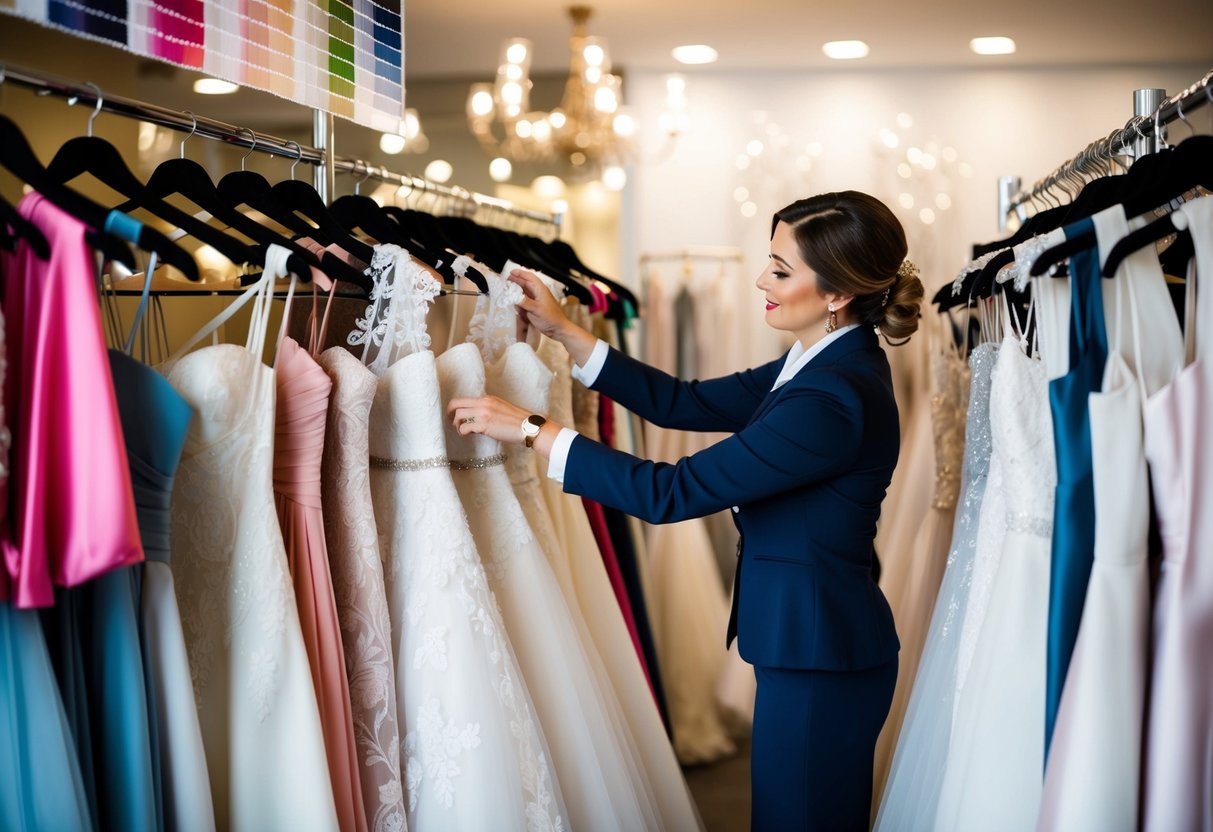 A bridal consultant carefully arranging a variety of elegant wedding dresses on display racks, surrounded by color swatches, fabric samples, and bridal accessories