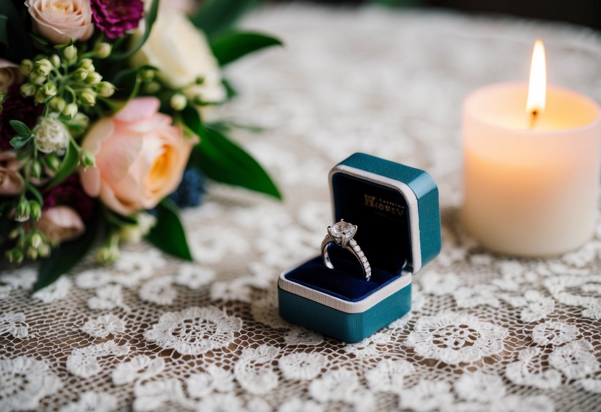 A small, elegant ring box placed on a lace-covered table next to a bouquet of flowers and a flickering candle