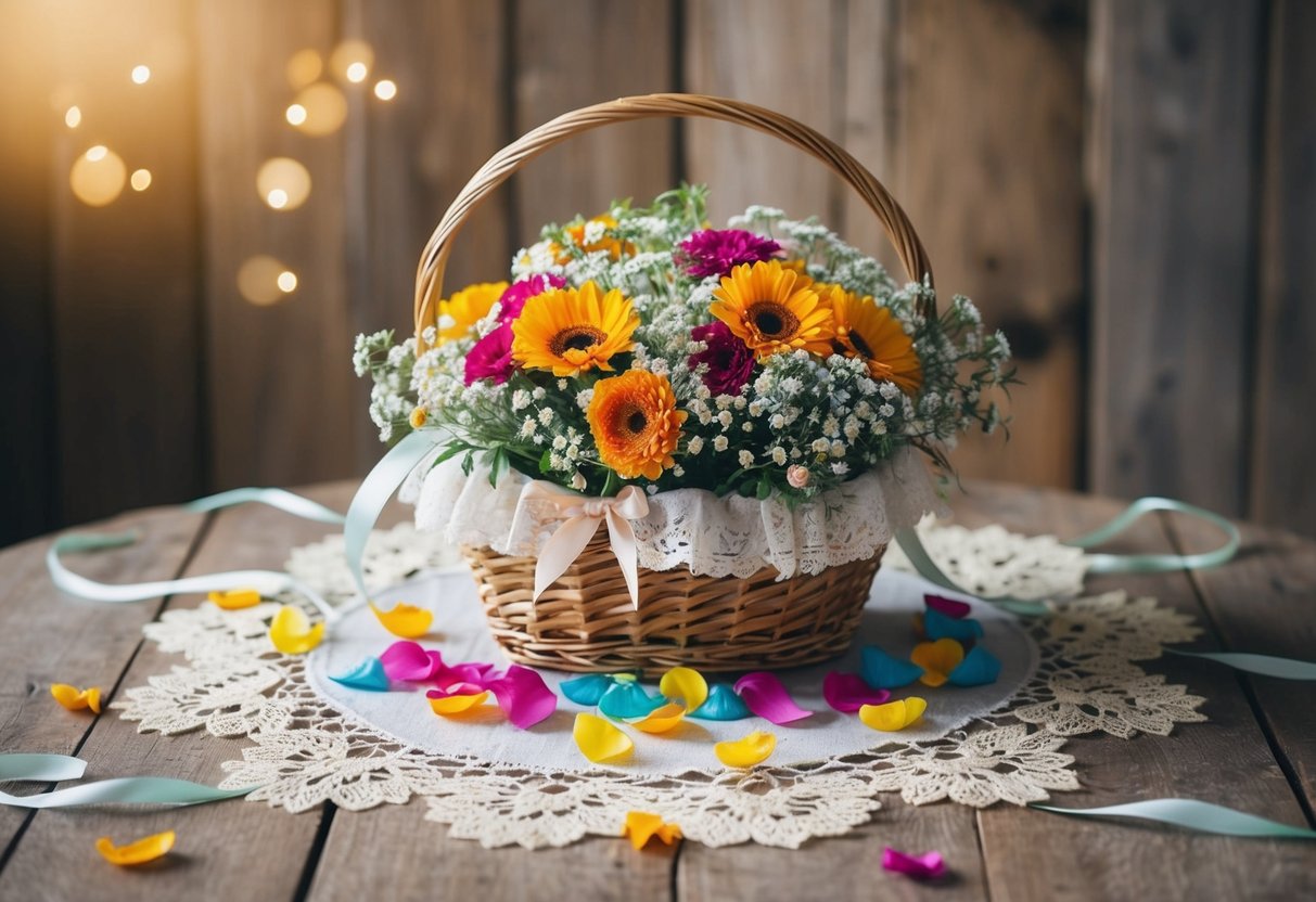 A flower-filled basket sits on a rustic wooden table, surrounded by delicate lace and ribbon. Brightly colored petals are scattered around the base