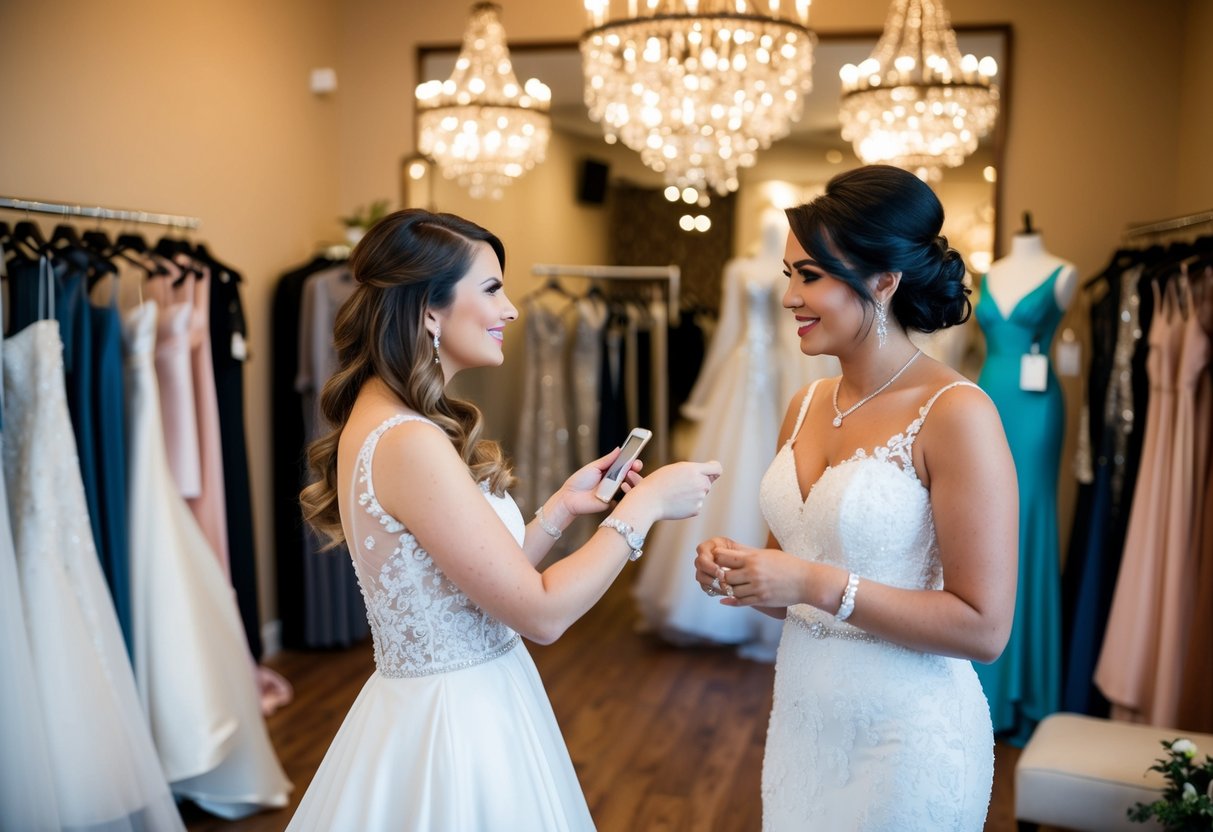 A bridal consultant attentively listens to a bride's preferences, showcasing various gown styles and accessories in a warm, inviting boutique setting