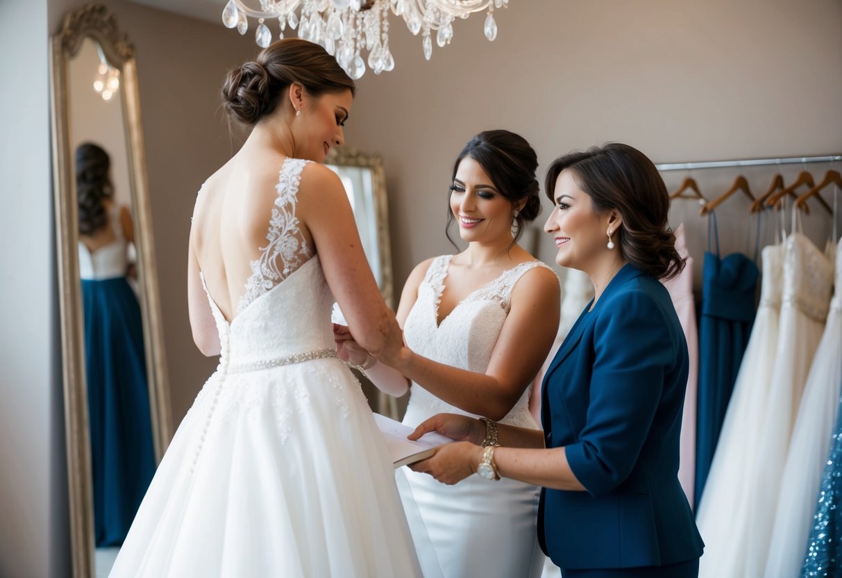 A bridal consultant assists a bride in choosing her wedding gown, offering advice and support. A good consultant is attentive, knowledgeable, and has a keen eye for style