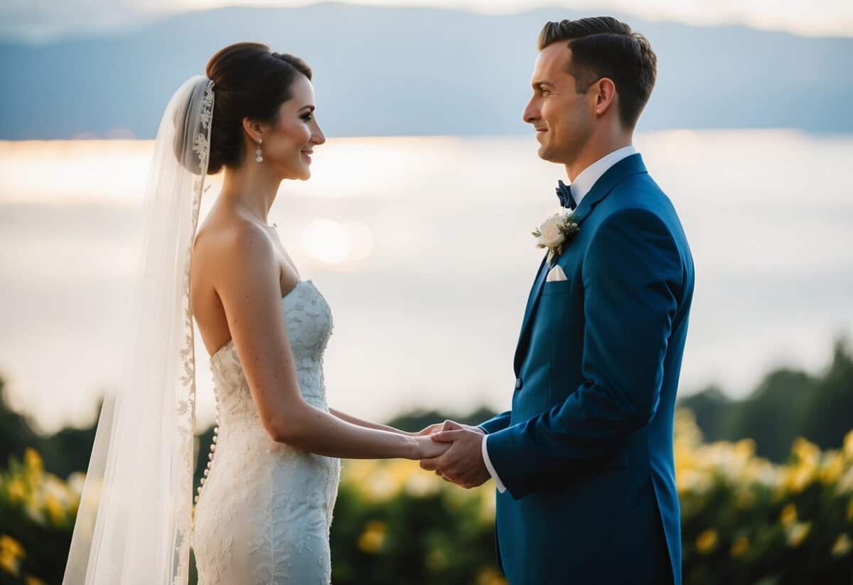 A groom stands on the right, facing left, while the bride stands on the left, facing right. They are positioned this way for traditional wedding ceremonies