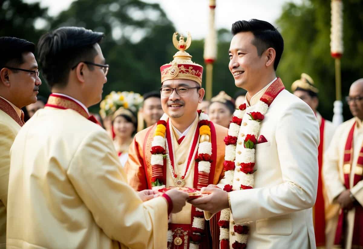 A traditional wedding ceremony with the groom standing on the right, surrounded by symbolic cultural elements and decorations