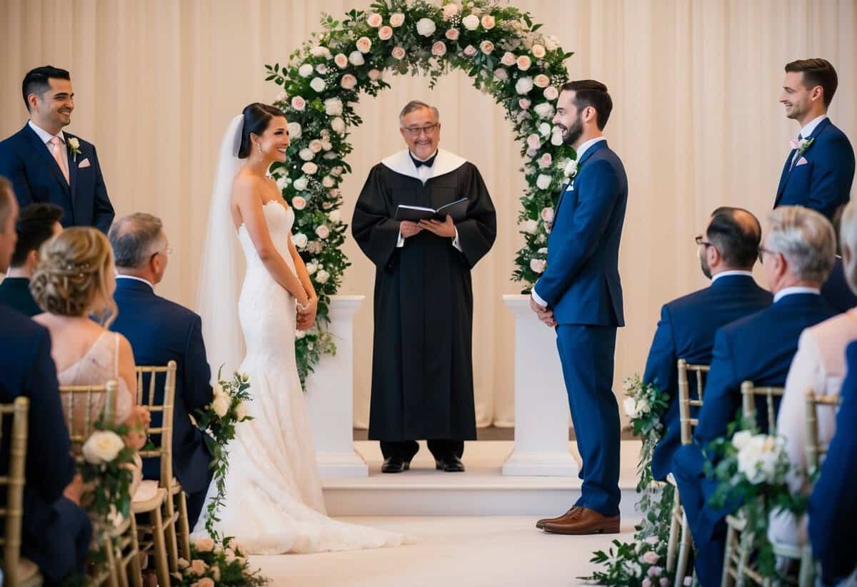 The groom stands on the right, facing the officiant with the bride on his left. A floral arch decorates the altar, and guests are seated in rows