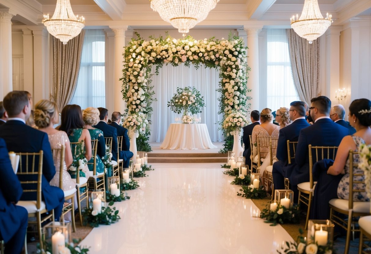 A beautifully decorated wedding venue with elegant floral arrangements, a grand entrance, and stylish seating for guests