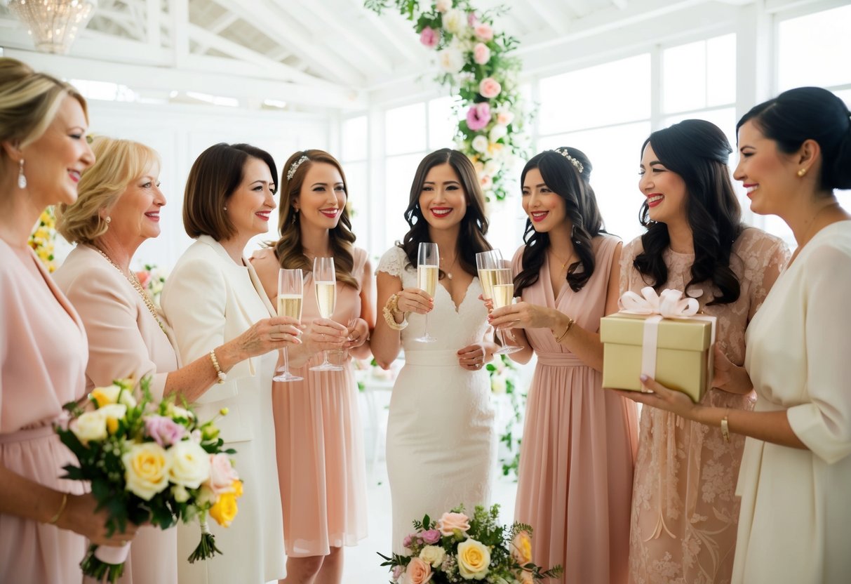 A group of women gather in a bright, airy space, adorned with flowers and elegant decor. They sip champagne and exchange gifts, celebrating the upcoming wedding