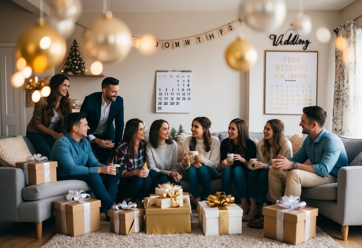 A group of friends gather in a cozy living room, surrounded by decorations and gifts. A calendar on the wall shows the wedding date four months away