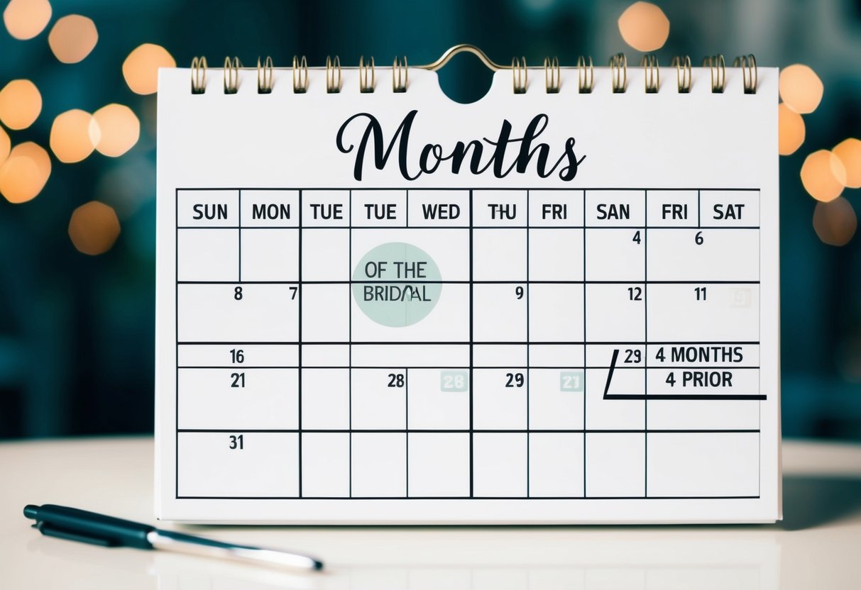 A calendar with the month of the wedding circled, and a separate date for the bridal shower marked 4 months prior
