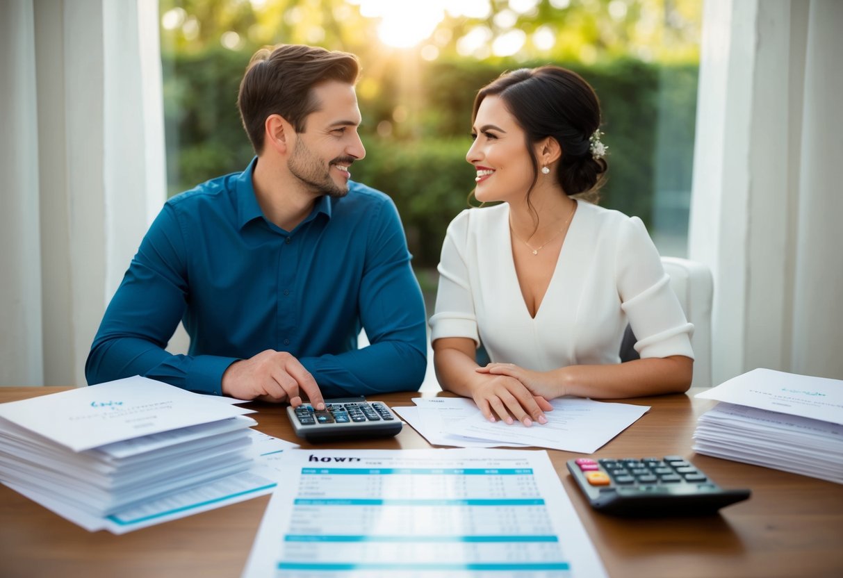 A couple sitting at a table, surrounded by wedding invitations, with a calculator and budgeting spreadsheets in front of them