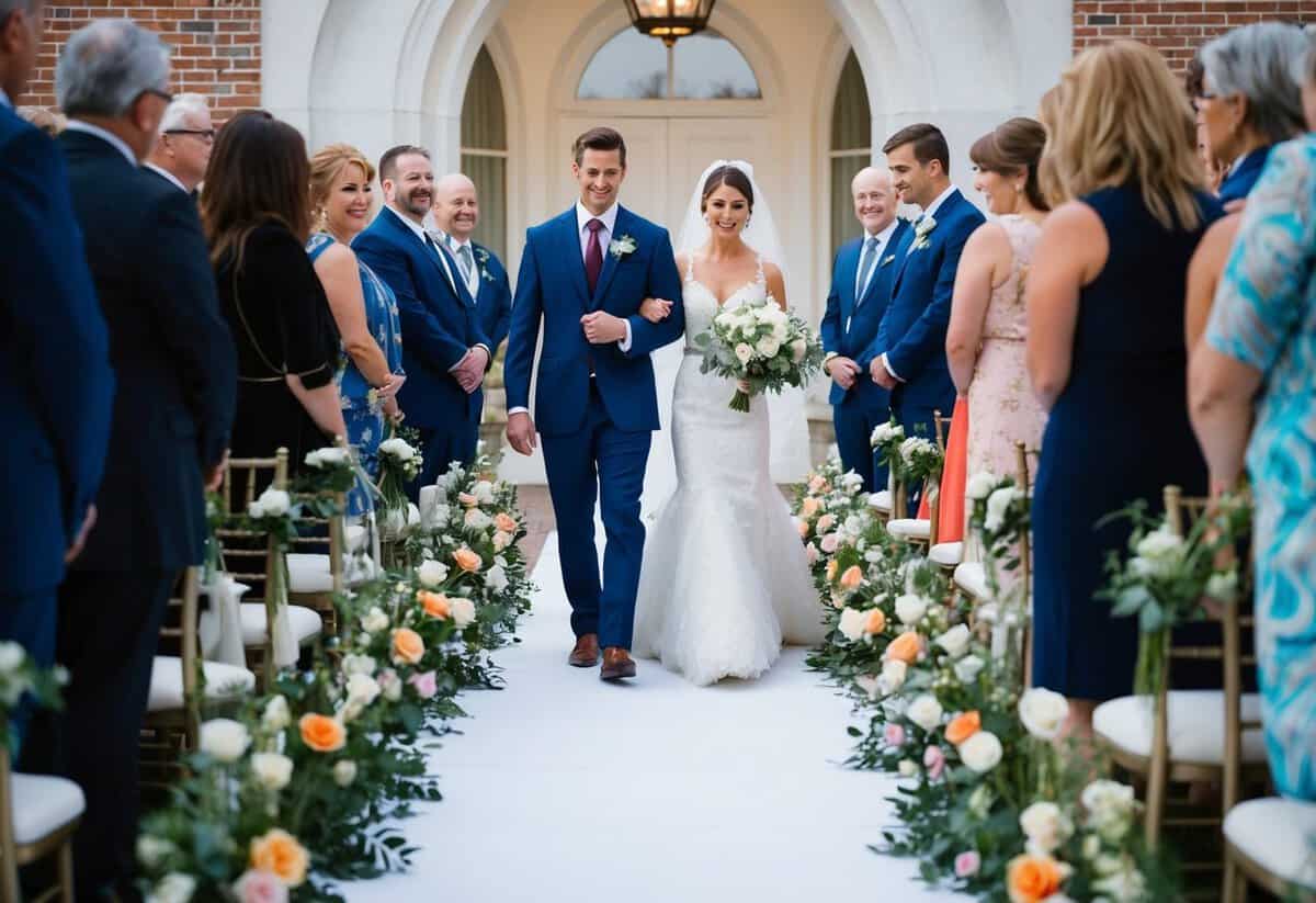 A figure walks a bride down an aisle lined with flowers