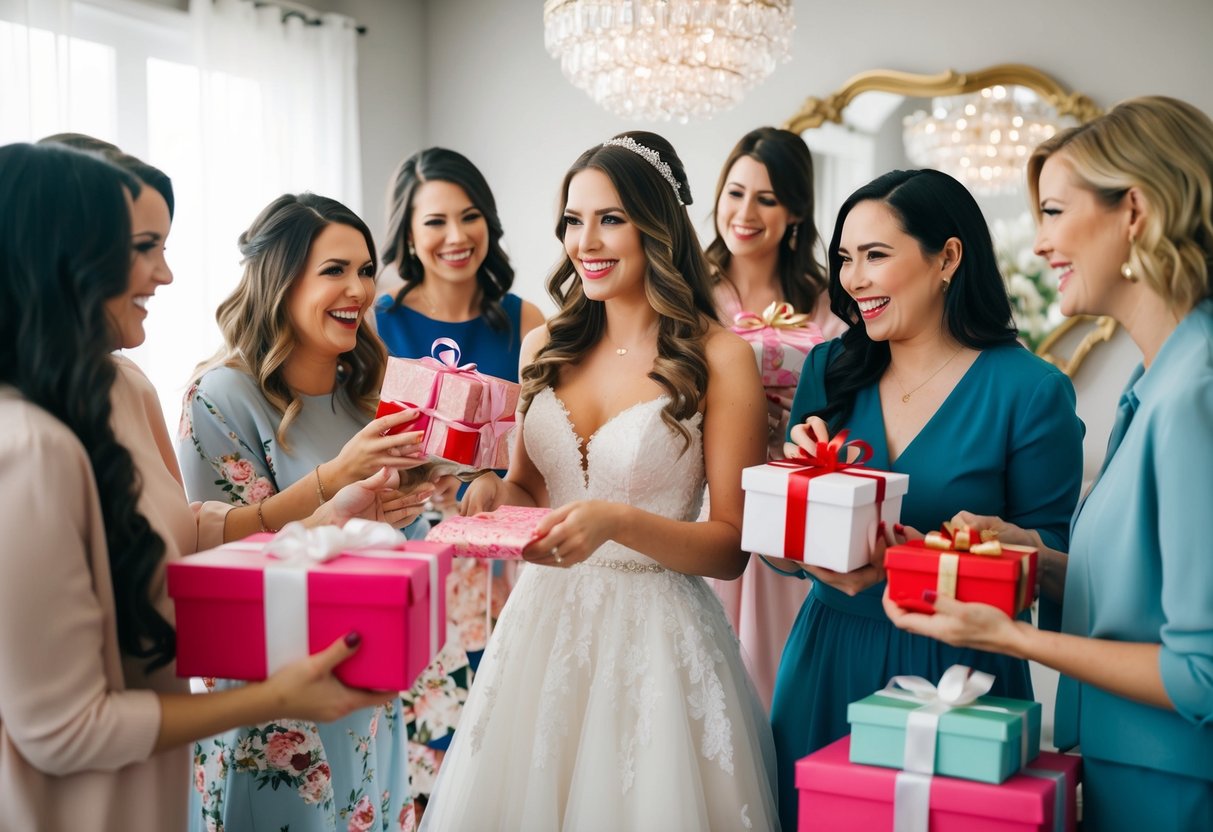 A bride-to-be surrounded by friends opening gifts at a bridal shower