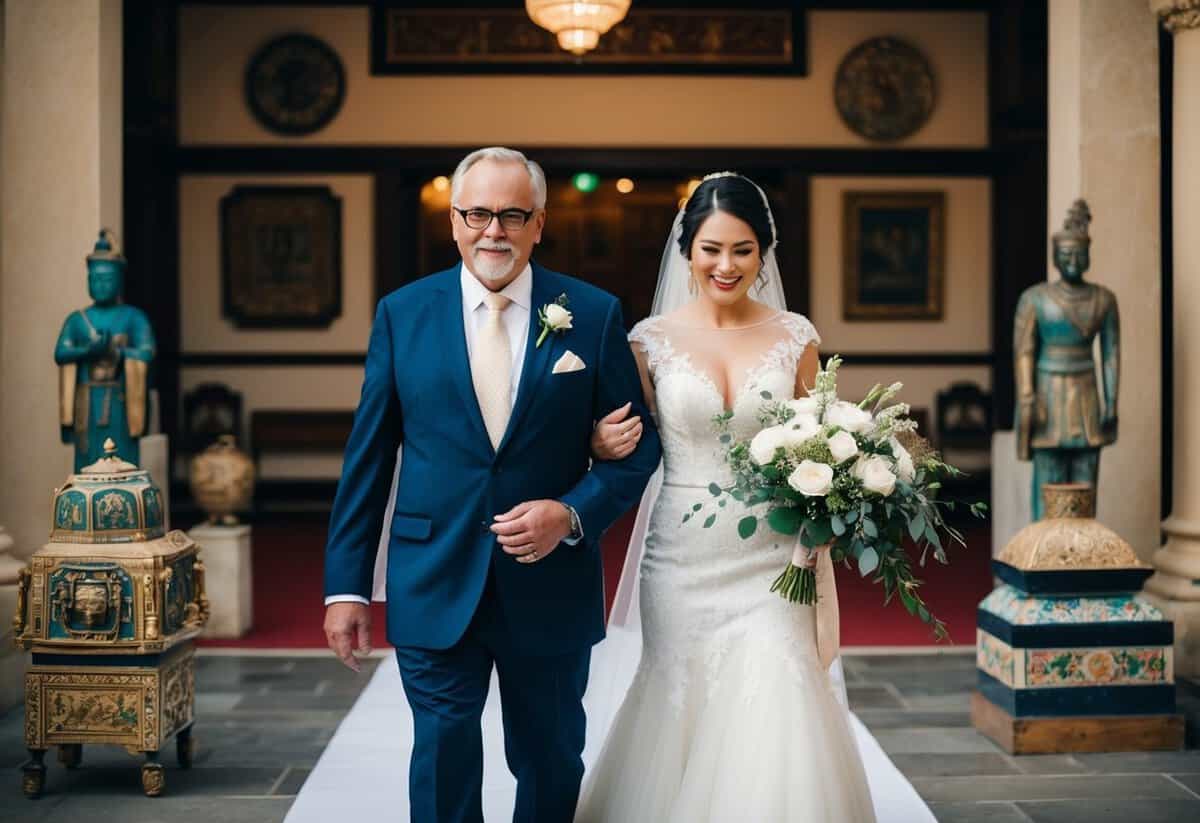 A father walks the bride down the aisle, passing by historical artifacts and traditional symbols