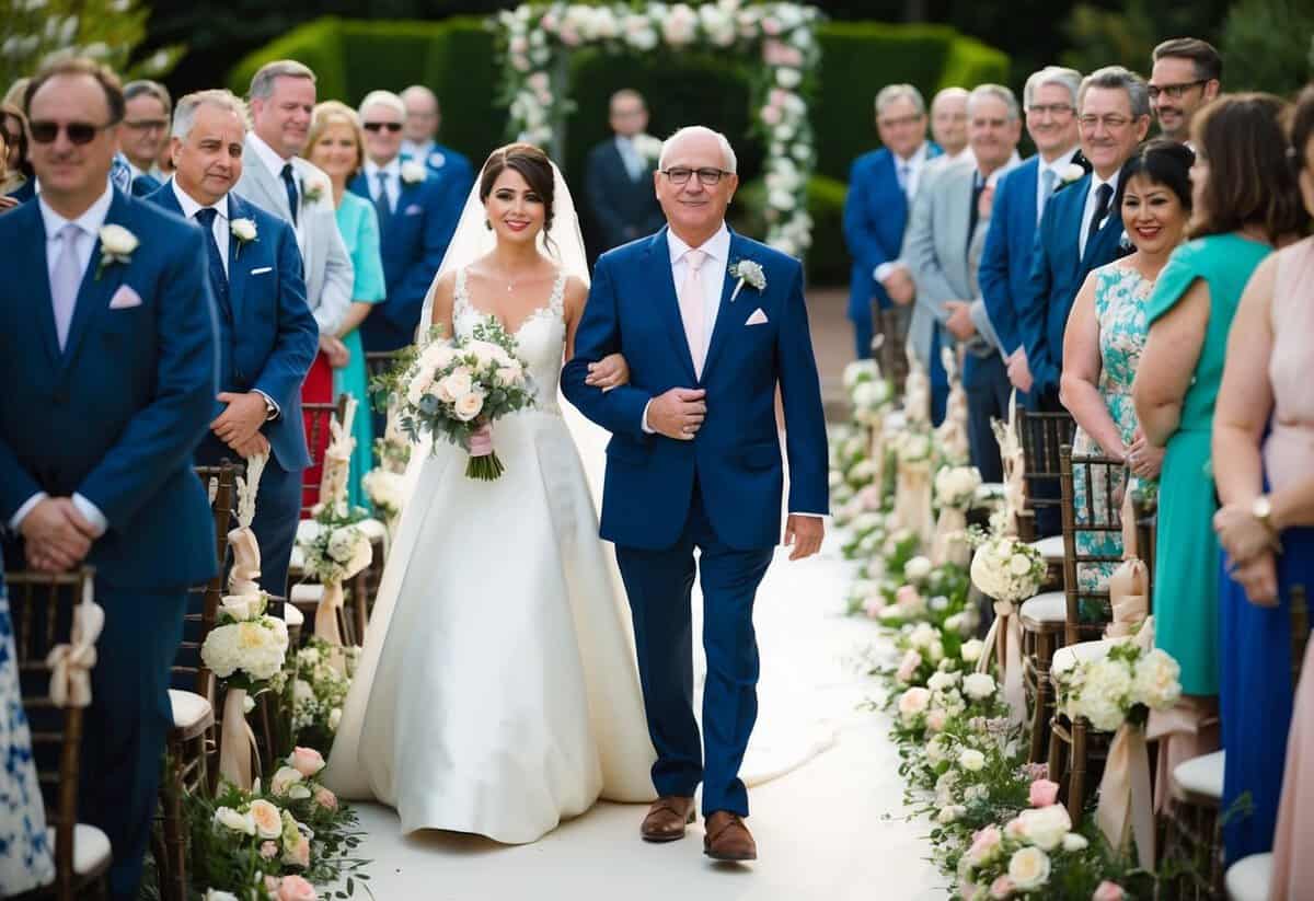 A father walks down the aisle with the bride on his left side. They are surrounded by a procession of guests, with flowers and decorations lining the pathway