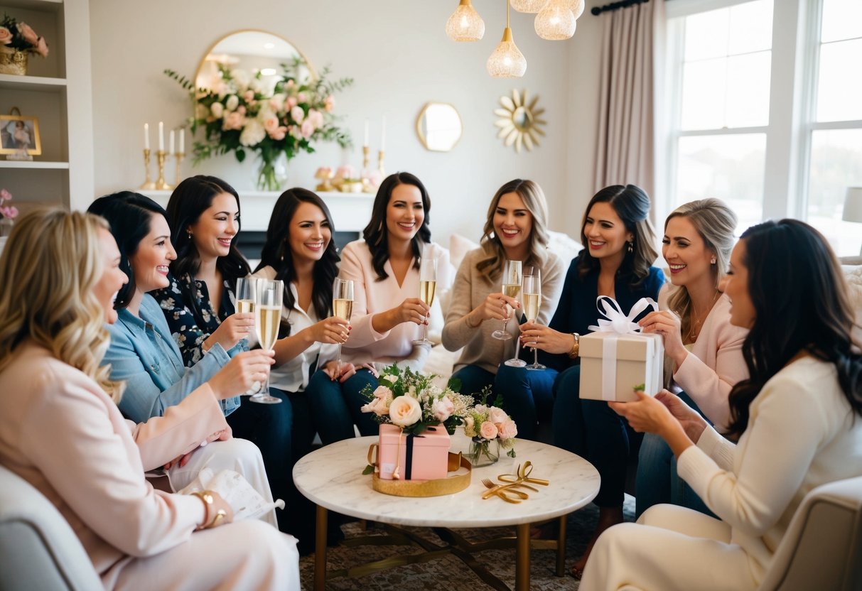 A group of women gather in a cozy living room, sipping champagne and exchanging gifts at a bridal shower. Flowers and decorations adorn the space, creating a joyful and celebratory atmosphere