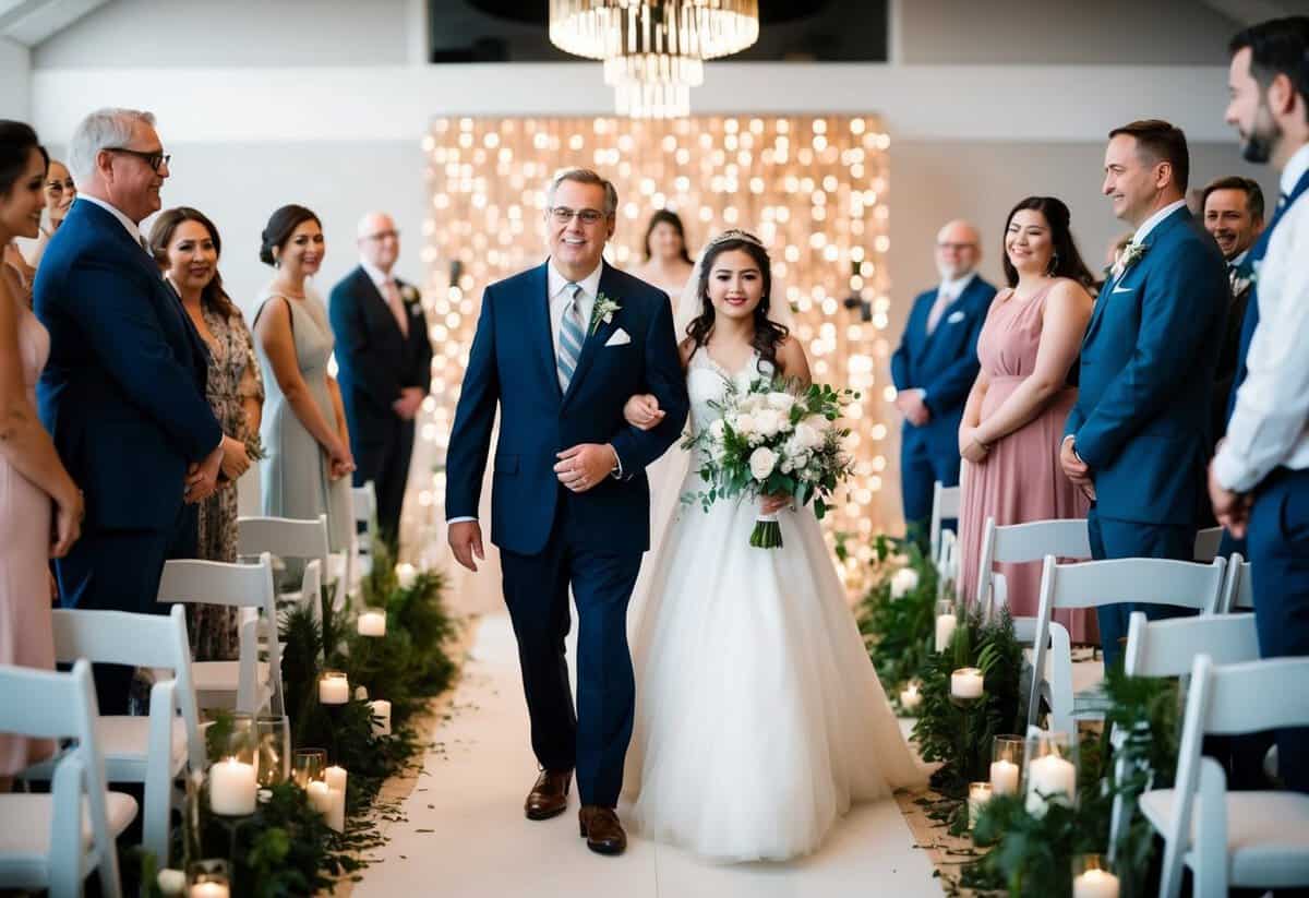 A father walks his daughter down the aisle, surrounded by modern decor and personal touches