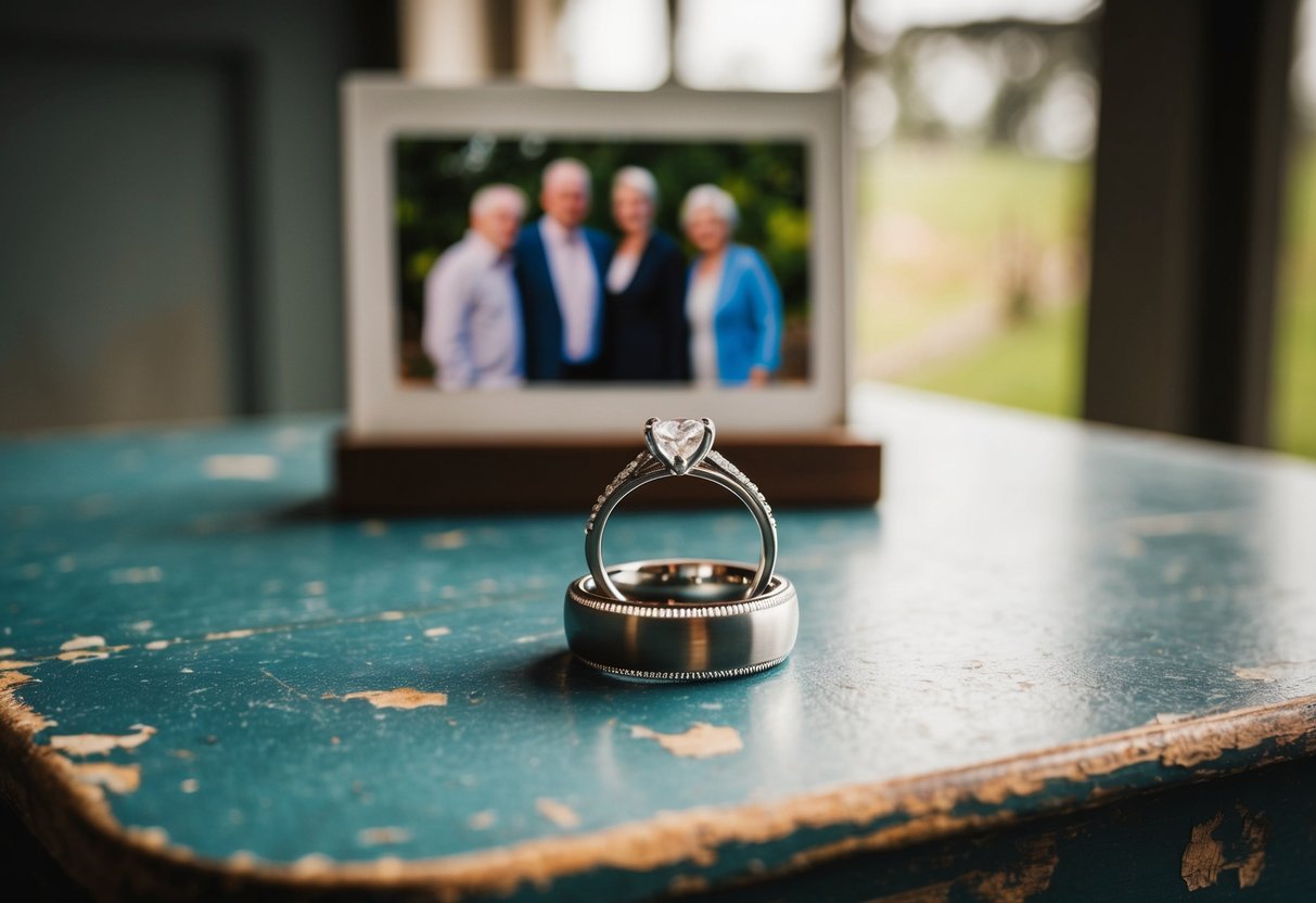 A wedding ring on a worn-out table with a family photo in the background